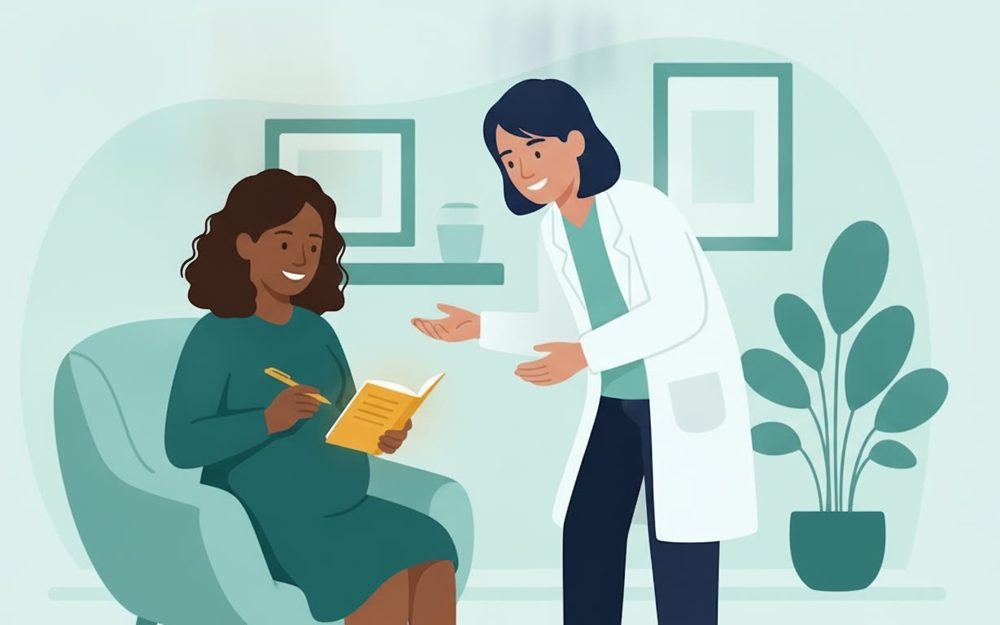 A pregnant woman taking notes while a clinician explains something.