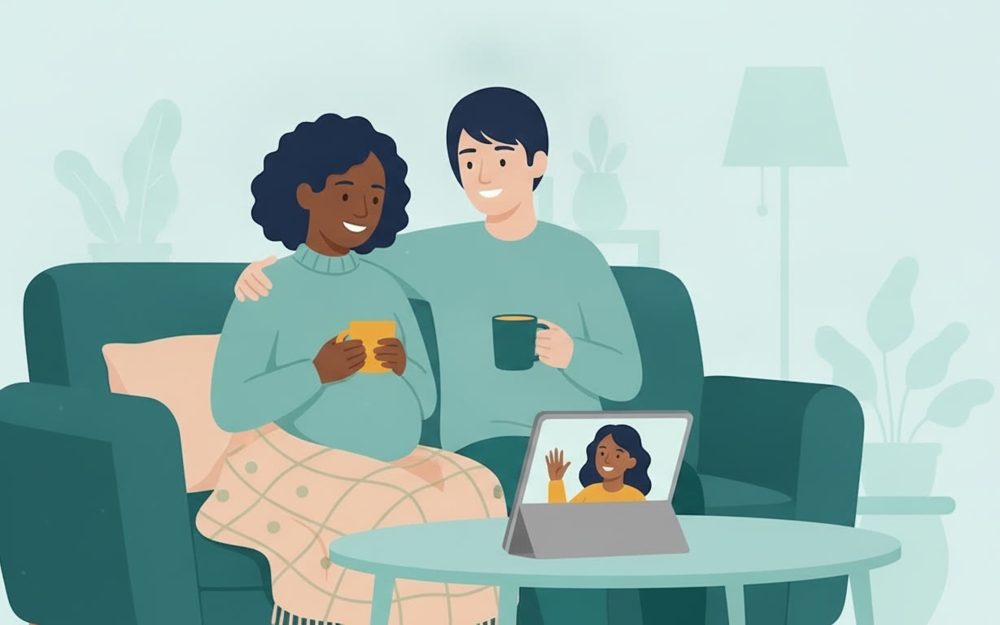 A pregnant woman and her partner on a sofa, watching a class on a tablet.