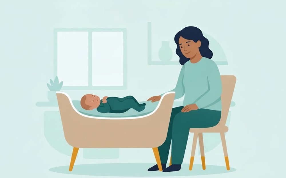 A parent sitting beside a newborn sleeping on its back in a bassinet.